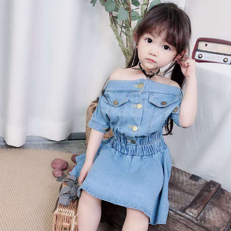 Set Áo Sơ Mi Ngắn Tay Và Chân Váy Jeans Thời Trang Cho Bé Gái