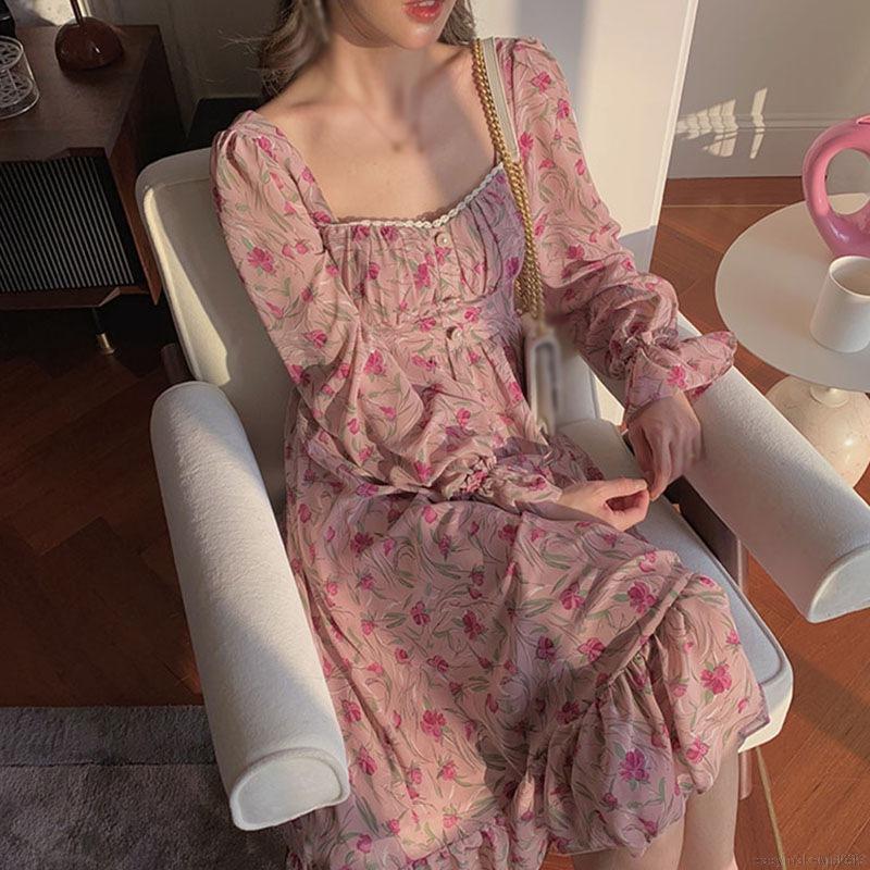 Đầm Tay Dài Cổ Vuông Họa Tiết Hoa Phong Cách Retro Hàn Quốc | BigBuy360 - bigbuy360.vn