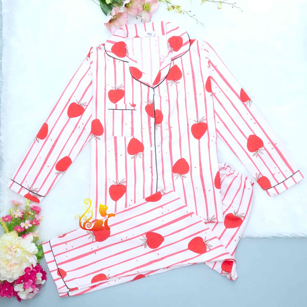 Đồ Mặc Nhà "Dâu Sọc" Pijama Kate Thái Tay Dài - Dưới 60kg.
