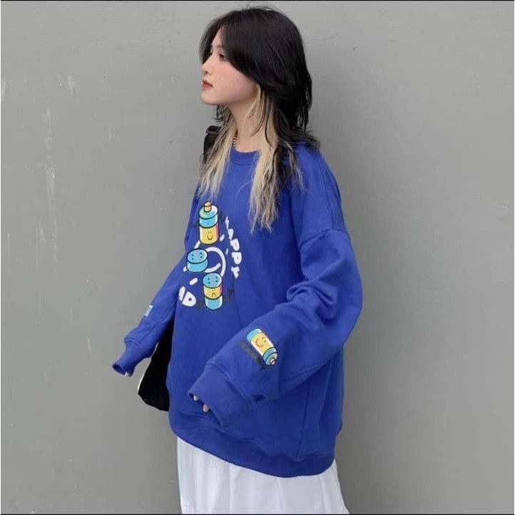 Áo sweater nỉ tay bồng unnisex Happy Sad màu xanh coban_Áo nỉ bông nam nữ basic, cá tính, hottend