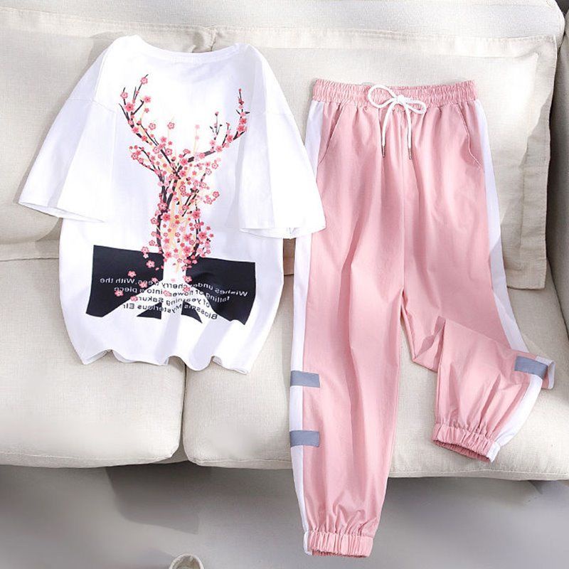 Set Đồ Thể Thao Gồm Áo Tay Ngắn Dáng Rộng + Quần Dài Có Size Lớn 100kg Dành Cho Nữ