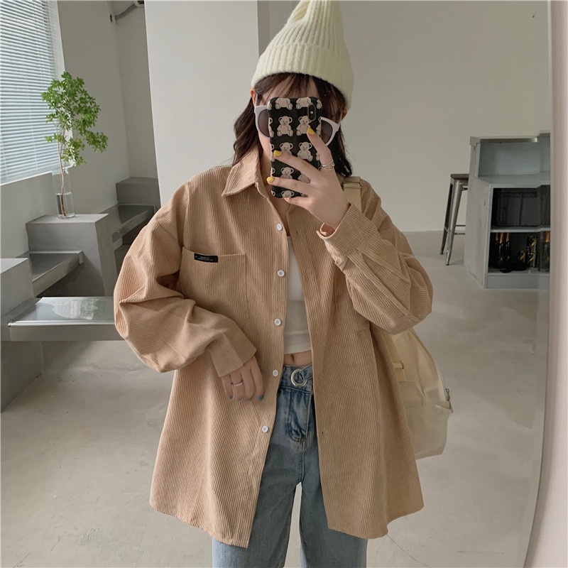 Áo khoác SUXI vải nhung tăm dáng rộng màu trơn retro Hàn Quốc cho nữ