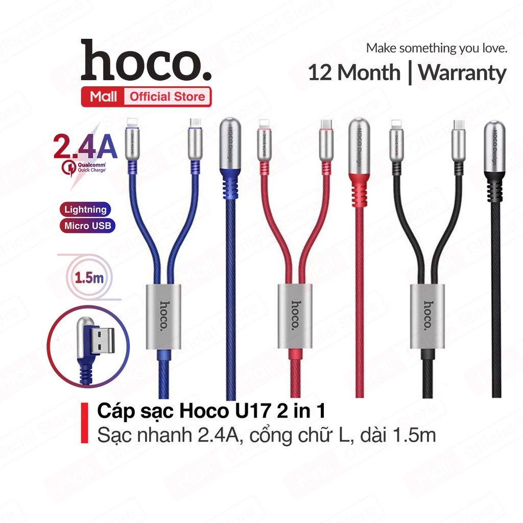 Cáp sạc Hoco U17 2 in 1 ( Lightning + Micro ) sạc nhanh 2.4A đầu USB chữ L chống gẫy, dây bện dù chống gập, dài 1.5m