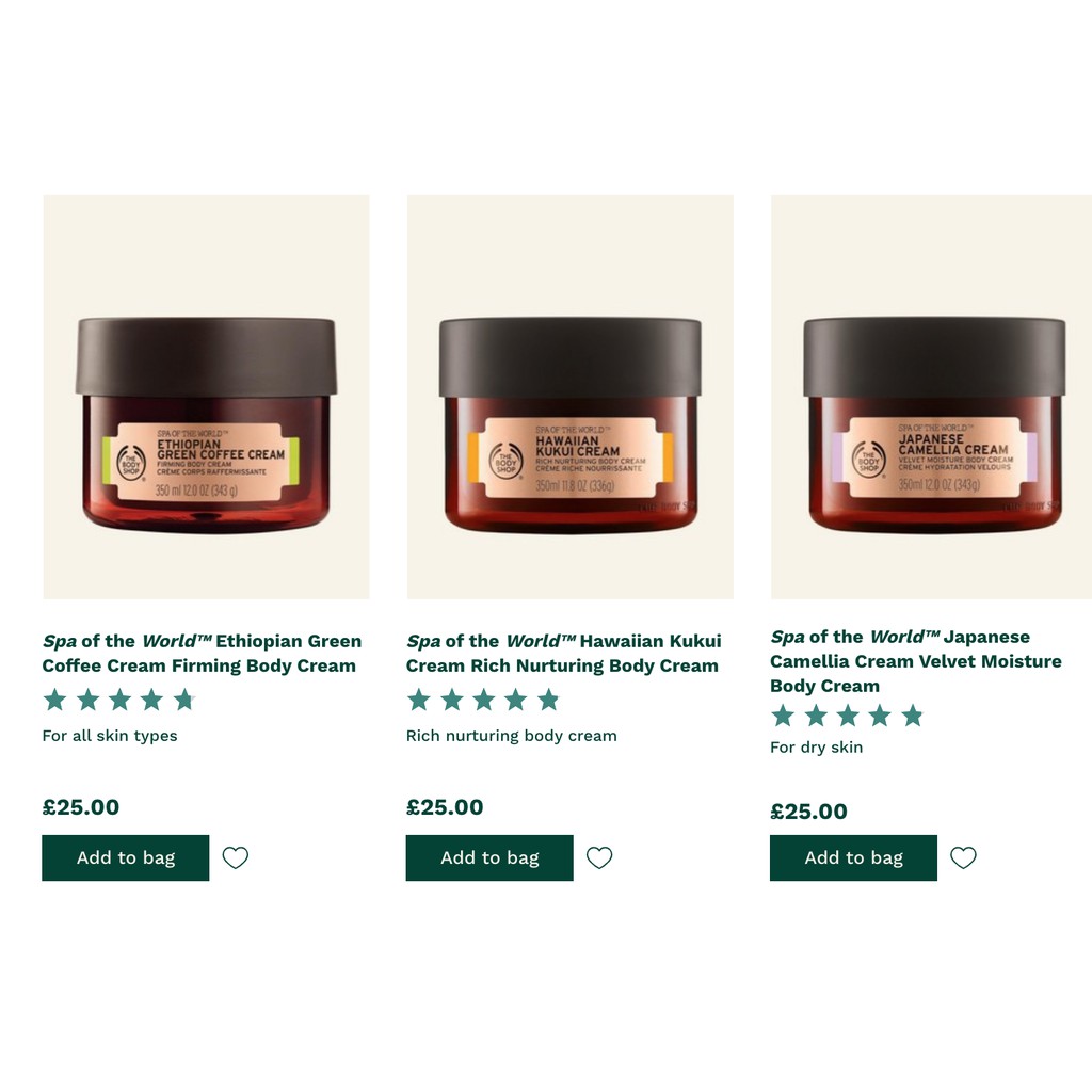 Kem Dưỡng Thể Spa of the World™ THE BODY SHOP 350ml Ethiopian Green Coffee Hawaiian Kukui Camellia