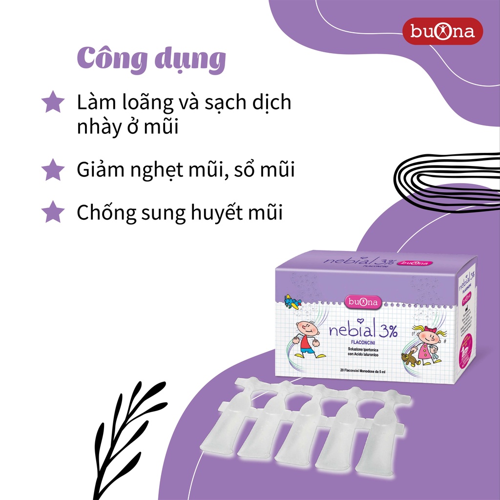 Dung dịch nhỏ mũi Nebial 3% Flaconcini, loãng dịch mũi, giảm sổ mũi, nghẹt mũi, hộp 20 ống đơn liều 5ml