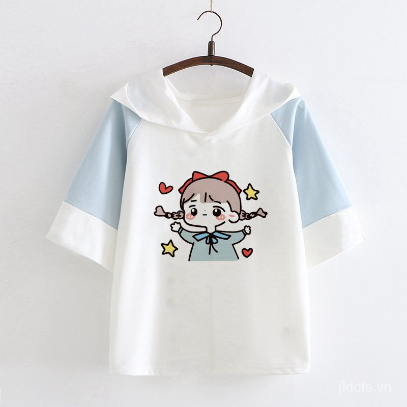 Áo Hoodie Tay Ngắn Chất Liệu Cotton Mềm Mại In Họa Tiết Hoạt Hình Nhật Bản Thời Trang Mùa Hè Cho Nữ