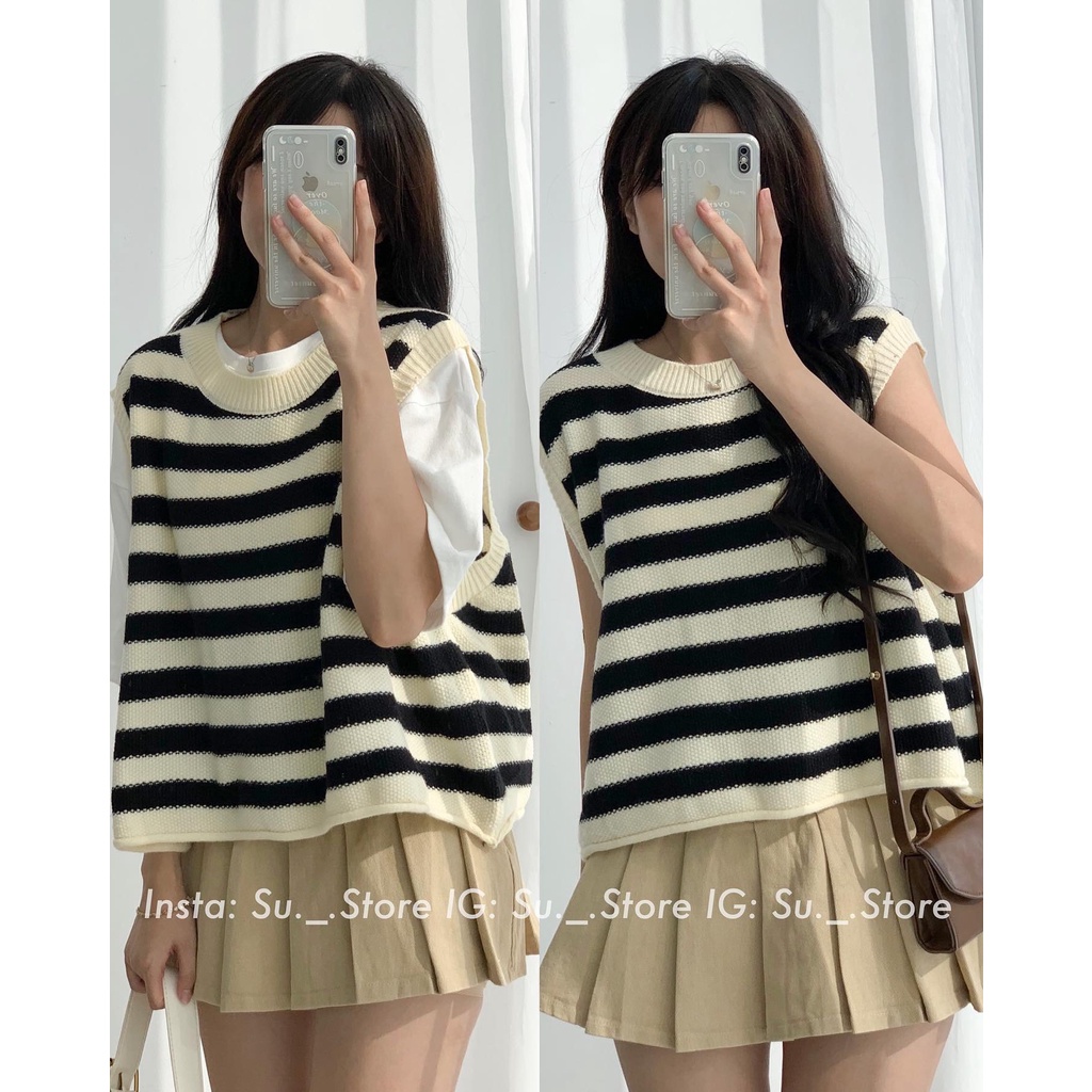 Áo gile len kẻ cổ tròn viền xoắn AOGILE8831