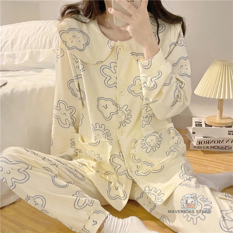 Bộ đồ ngủ tay dài cổ búp bê phong cách Hàn Quốc dễ thương thời trang mùa thu đáng yêu cho nữ