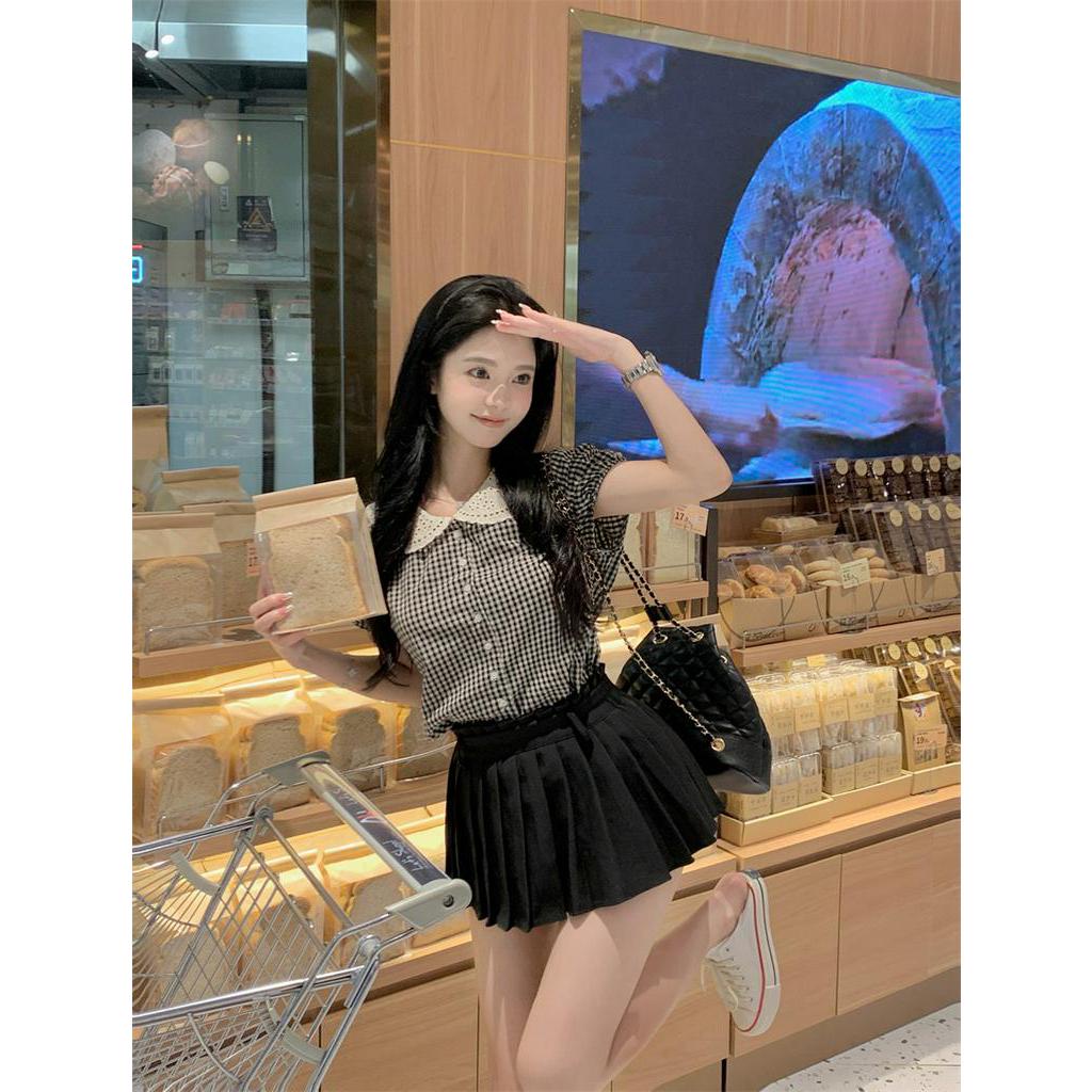 Áo Sơ Mi Kẻ Ô Cổ Tròn Ngắn Tay Phong Cách Hàn Quốc Mới 63694