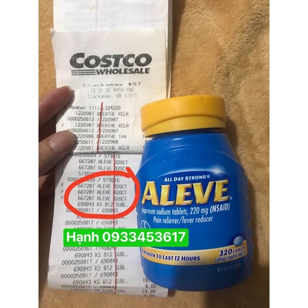 thực phẩm bảo vệ sức khoẻ hộp Aleve 220mg 320 viên hàng Mỹ ( có bill)