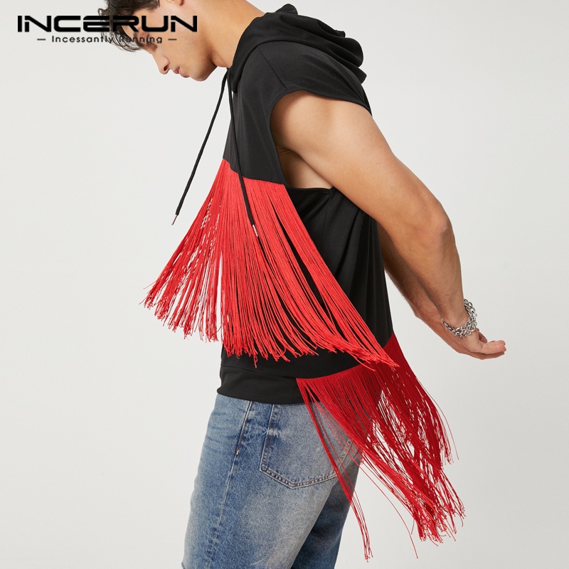 Áo hoodie INCERUN sát nách màu trơn tua rua thời trang cho nam