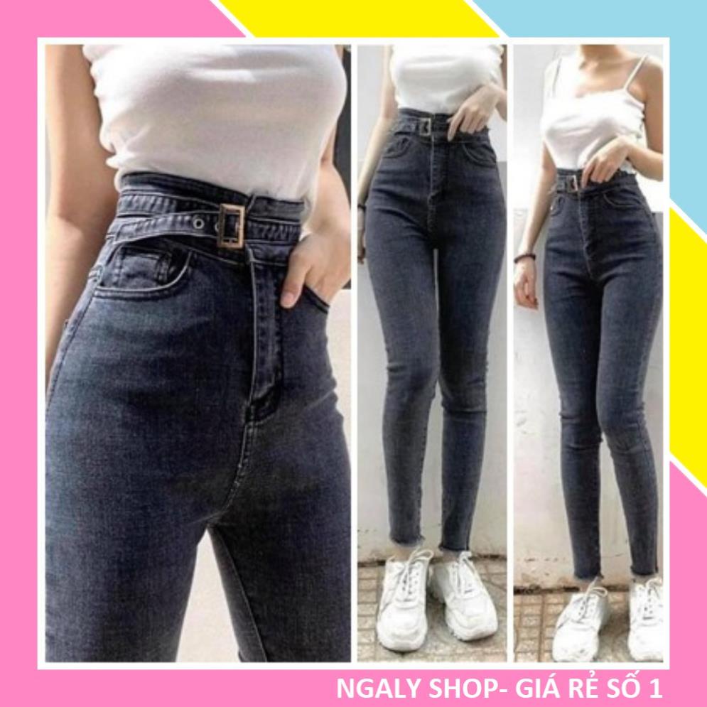 SALE Quần jean nữ dáng baggy ôm ống bo cạp cao vải co giãn cao cấp Quần bò jeans lưng cao có đai nữ