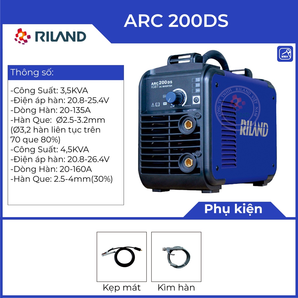 Máy hàn que ARC 200GE II / MMA 200E / ARC 200DS RILAND Chính hãng 100% bao gồm