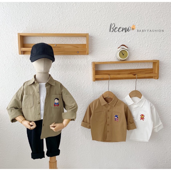 Áo sơ mi bé trai Beemo Hàn Quốc có túi áo màu trơn trắng, nâu - ATBA