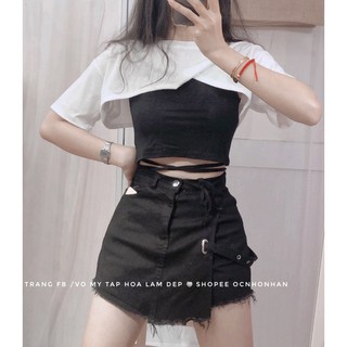 set áo croptop chân váy quần đắp chéo