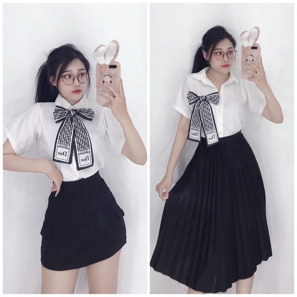 áo sơ mi đính nơ xinh xắn cn chất voan mềm
