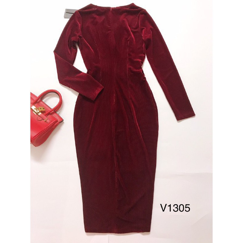 [ xả kho ] MiD Đầm nhung đỏ rượu V1305 cổ khoét quyến rũ Mie Design kèm ảnh thật