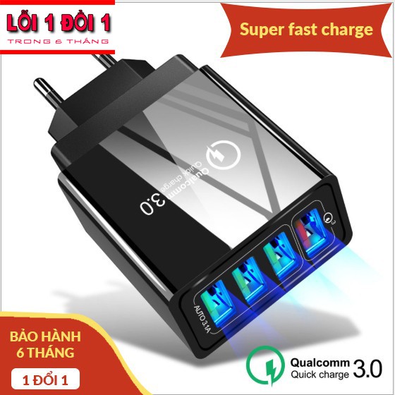 Củ sạc nhanh Quick Charge QC3.0 hỗ trợ 4 cổng cắm USB 3.0 5V an toàn, tiện dụng, có đèn Led báo hiệu | Cóc sạc nhanh