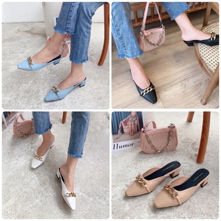 Giày sục nữ Mules mũi vuông khoá mắc xích cao 3cm nhiều màu size 35 đến size 42 cho nàng ngoại cỡ - Toffly Shoes