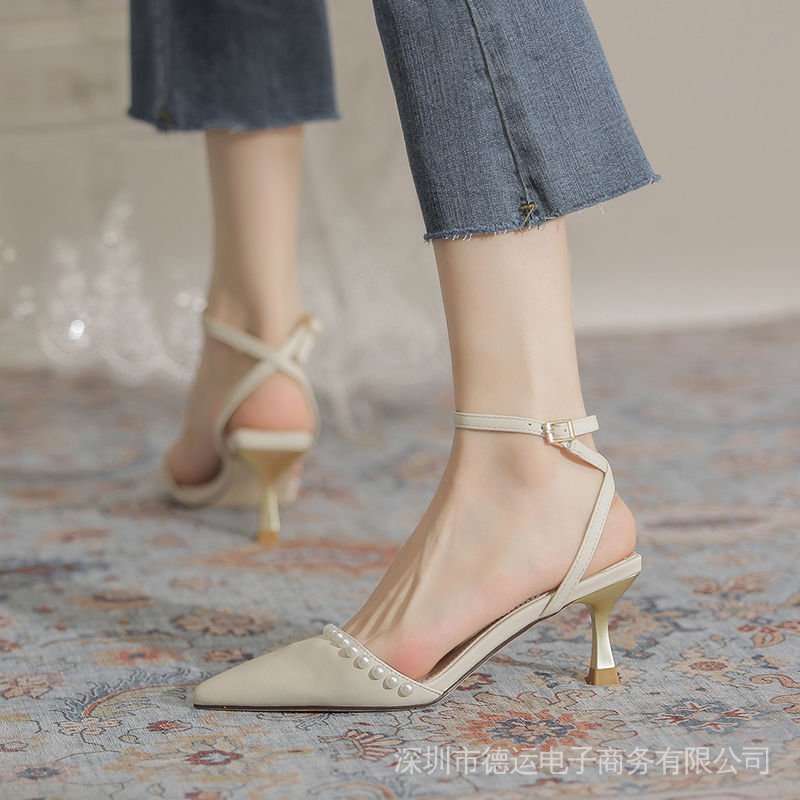 Giày Sandal Cao Gót Mũi Nhọn Cài Khóa Ngọc Trai Thời Trang Mùa Hè Hàng Mới 2022 Dành Cho Bạn Nữ