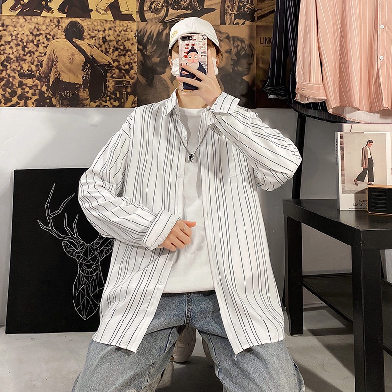Áo sơ mi cổ đứng tay dài dáng rộng kẻ sọc thoáng khí chống nhăn chất lượng cao cho nam