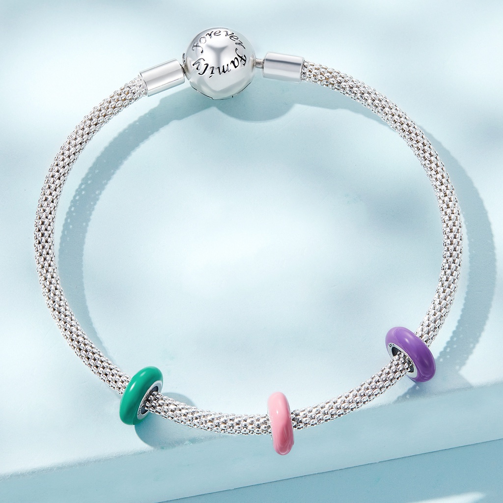 BAMOER Hạt Xâu Chuỗi Silicone Bạc 925 Màu Hồng / Xanh Lá / Tím Thời Trang Làm Trang Sức DIY