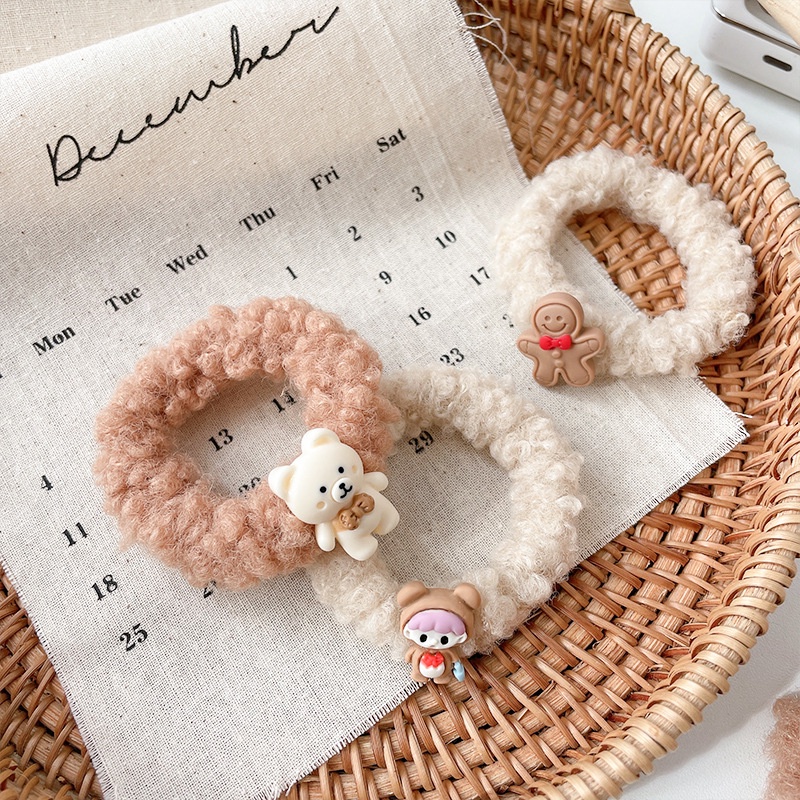 Dây cột tóc gắn họa tiết hoạt hình 3D cute trơn màu chất liệu lông bền chắc PK743