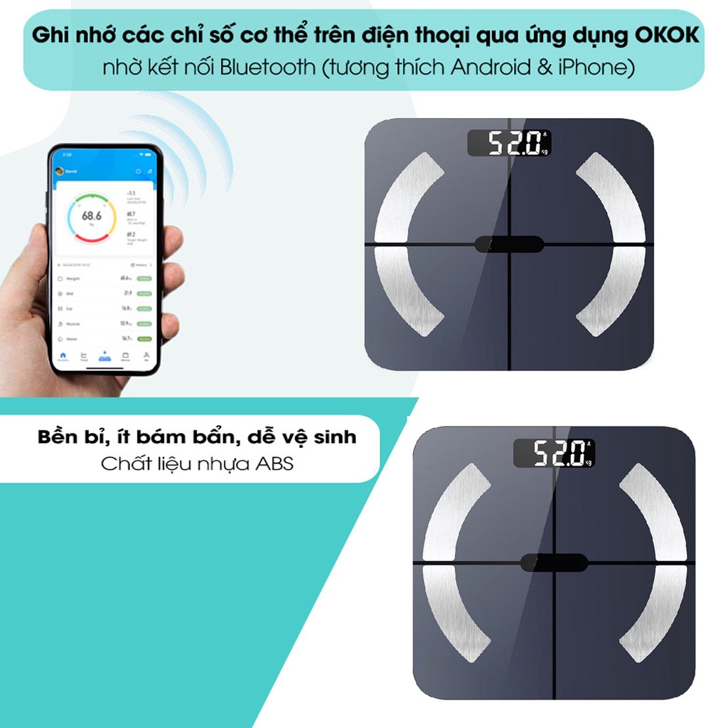 Cân Sức Khỏe Điện Tử Thông Minh, Có Kết Nối Bluetooth, Cân Đo 6 Chỉ Số Cơ Thể, Mặt Kính Chịu Lực Cao Cấp