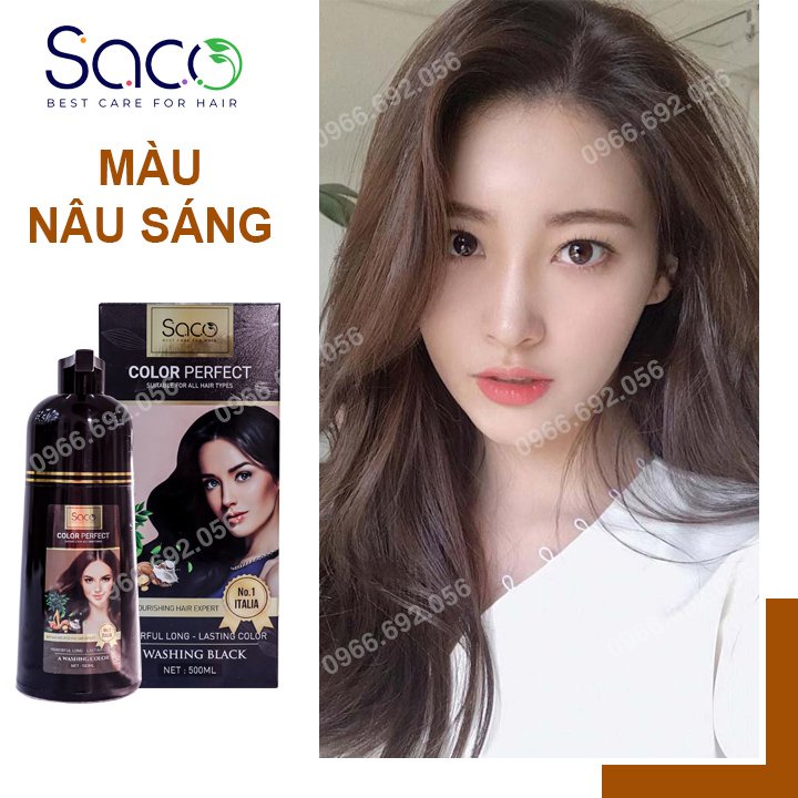 Dầu gội nhuộm tóc thảo dược Màu Nâu Sáng Saco Light Brown 01 chai 250ml và 500ml