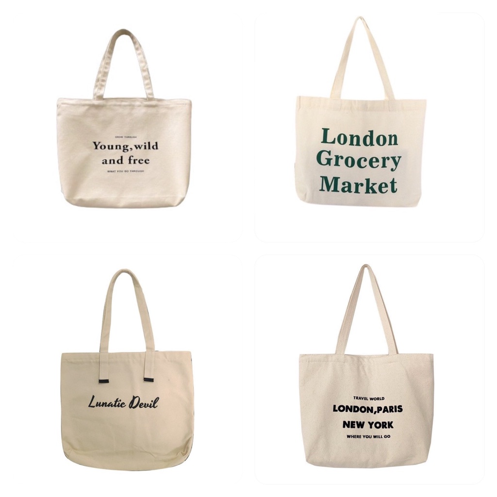 Túi tote HAZIN vải canvas ulzzang unisex in chữ có khoá miệng túi nhỏ bên trong HZ58