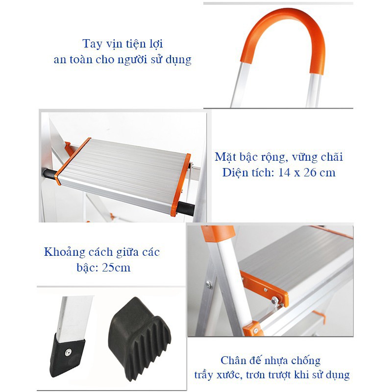 Thang nhôm ghế INOX tay vịn Nikita 3,4,5,6,7 bậc (chiều cao từ 0.7m đến 1.7m), in03,in04,in05,in06,in07 (bảo hành 2 năm)