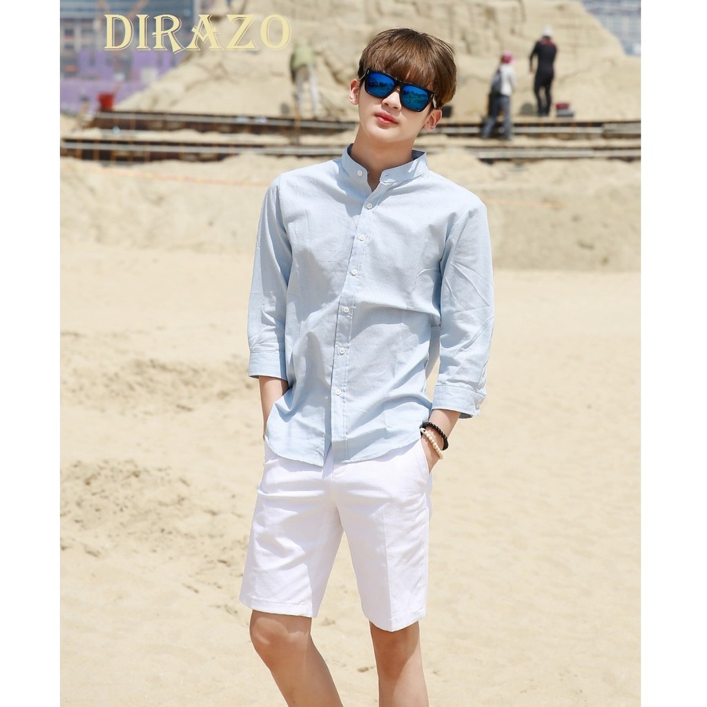 Sơ mi nam CỔ TRỤ TAY LỠ Xu hướng HÀN QUỐC 2  màu (XANH BIỂN+ DA KEM)_ DIRAZO