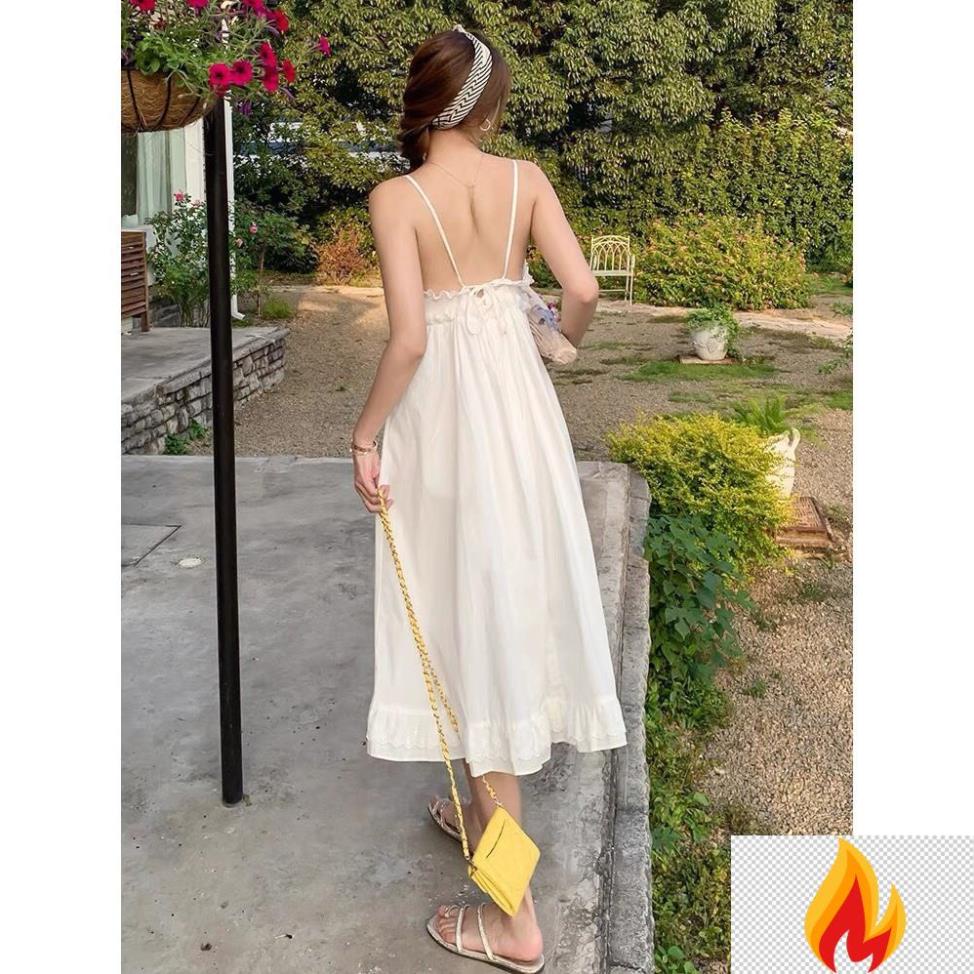 Đầm maxi trắng đi biển, Váy 2 dây hở lưng Cao Cấp phong cách Vintage thiết kế dáng xòe dài qua gối - MiNhi -jku*B