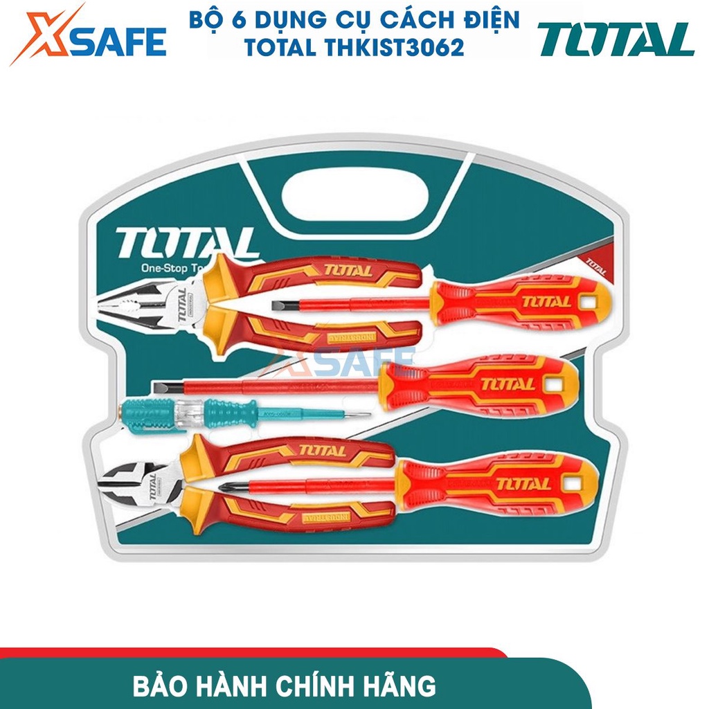 Bộ 6 công cụ cầm tay cách điện 1000V TOTAL THKIST3062 gồm 3 tua vít, 1 kềm răng, 1 kềm cắt cách điện và 1 bút thử điện