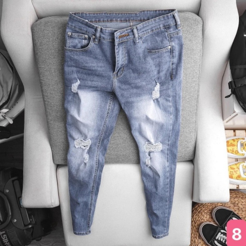 Quần jean nam rách gối to màu xanh nhạt bạc trơn chất jeans bò cao cấp co dãn 4 chiều rin form dáng skinny Hado29 mới | BigBuy360 - bigbuy360.vn