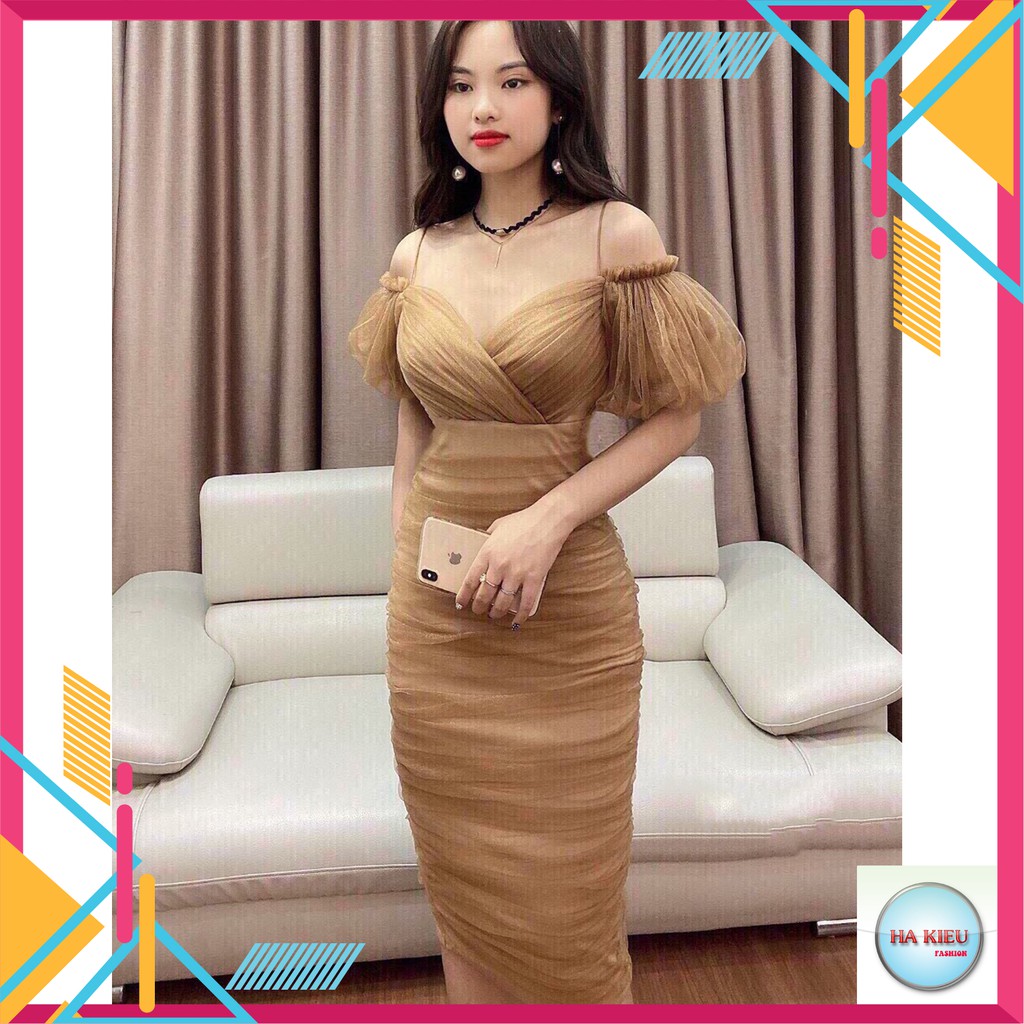 Đầm dự tiệc HÀNG CAO CẤP đầm lệch vai phối lưới sang chảnh(kèm video clip thật)