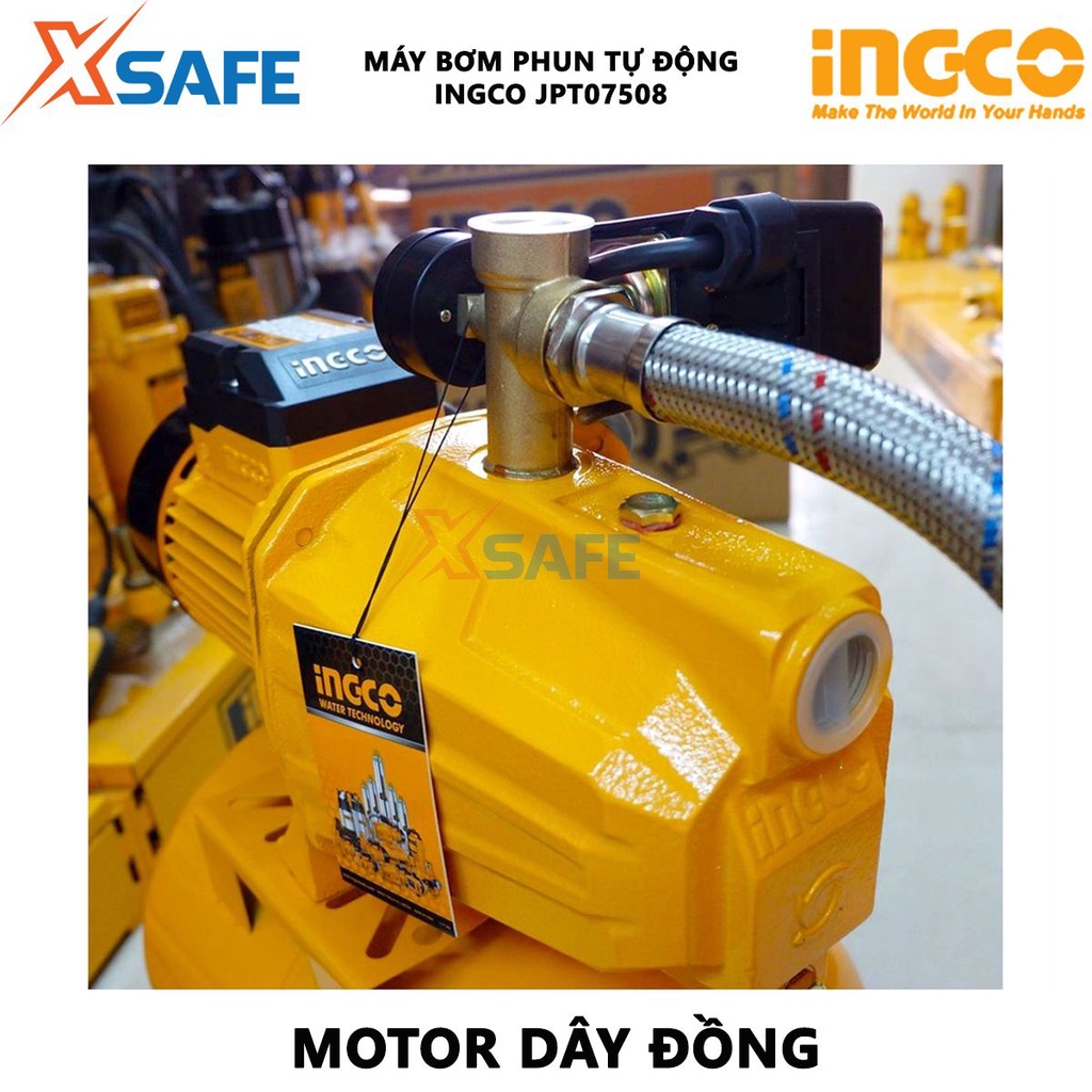 Máy bơm phun tự động INGCO JPT07508 Máy bơm nước công suất 750W, chiều cao bơm tối đa 45m, chất liệu cao cấp bển bỉ