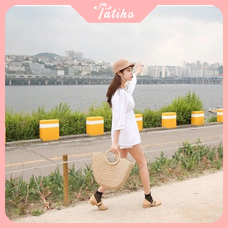 Túi Cói Đi Biển Xách Tay Hình Bán Nguyệt Vintage Thời Trang Đi Biển - Tatiho - Mã TUI65