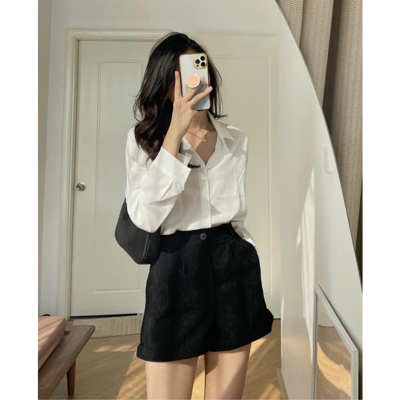 Sơ mi nữ Trắng chất liệu lụa chống nhăn túi ngực thoáng mát nữ tính Freesize - Sơ mi nữ công sở cổ bẻ dài tay form rộng