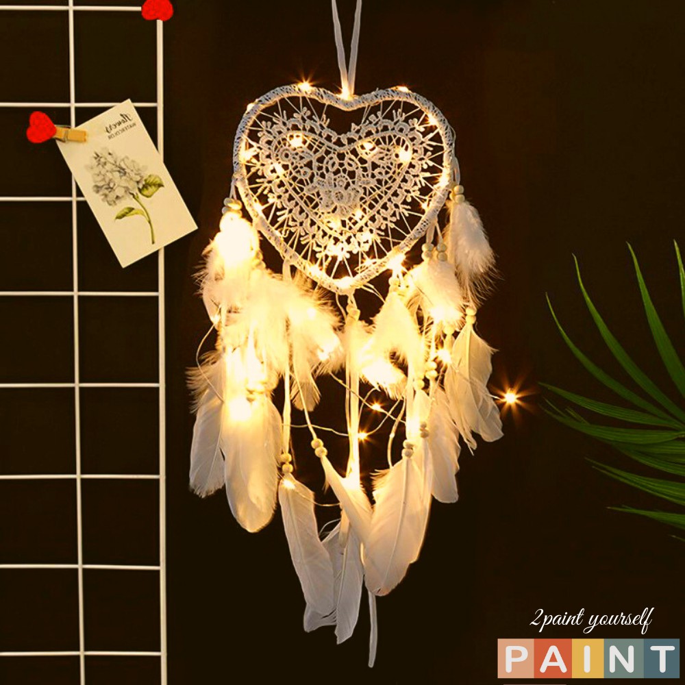 Dreamcatcher lông vũ gắn đèn hình tròn, Đèn led trang trí phòng ngủ treo tường 2PAINT