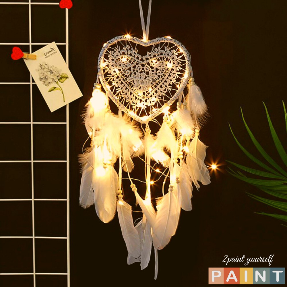 Dreamcatcher lông vũ gắn đèn led decor, Đèn led trang trí