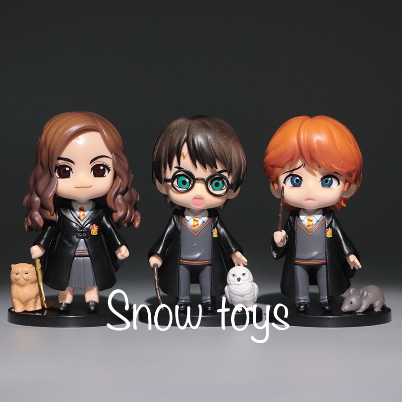 Mô hình Harry Potter - Set 3 Mô hình Harry Potter Hermione Granger Ron Weasley cùng vật nuôi Cú Mèo Chuột - Cao 9,5cm