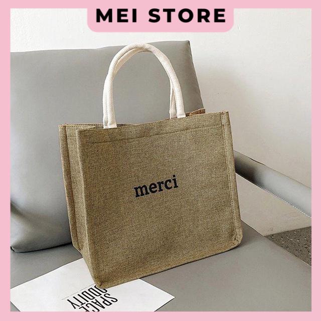 Túi Cói Merci Loại 1 Màu Sáng, Có Đệm Đáy Giữ Form Túi, Có Lót