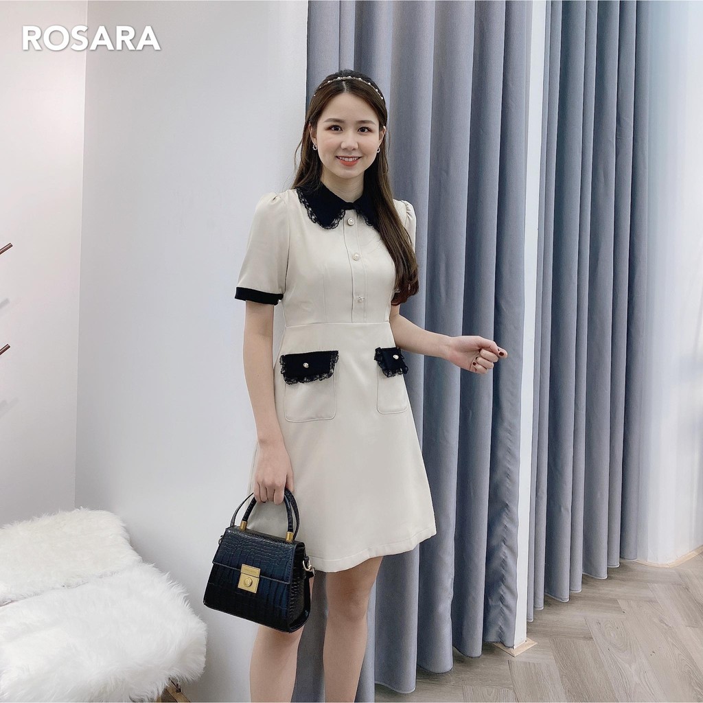 Váy thời trang nữ cổ pha đen Rosara V425
