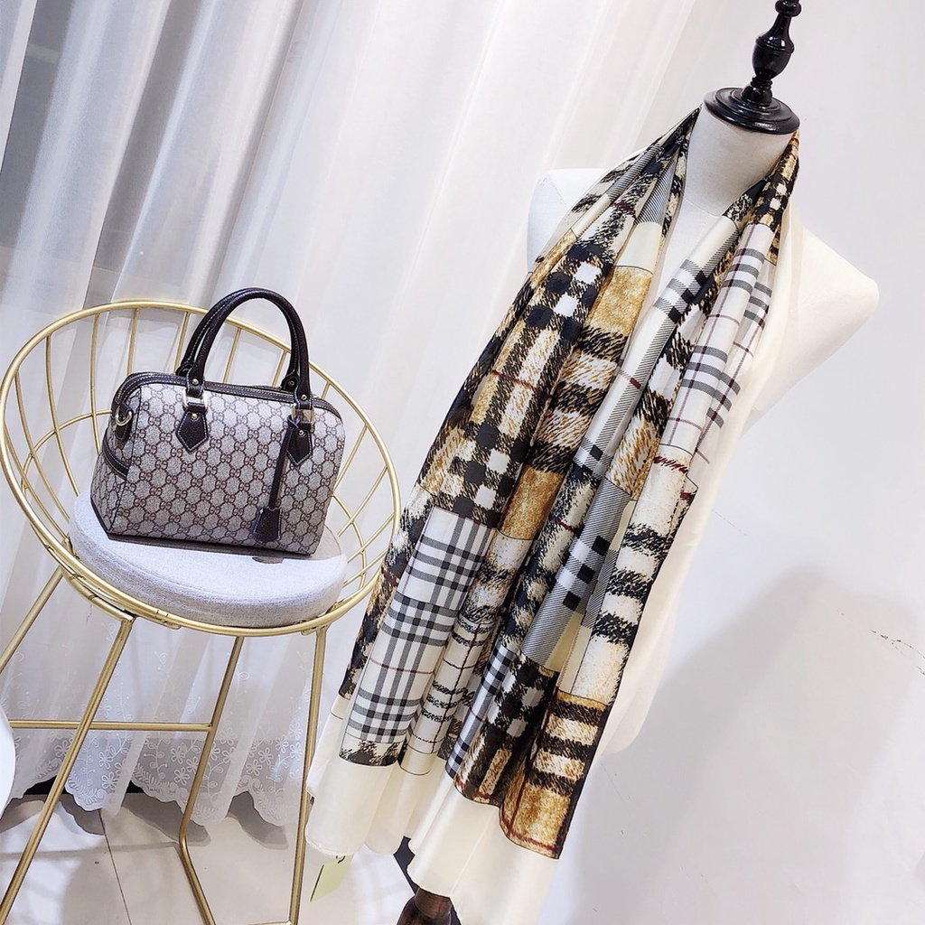 Khăn Choàng Lụa Dáng Dài In Họa Tiết Kẻ Ô Thời Trang Mùa Hè Cho Nữ