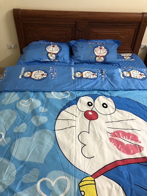 Bộ chăn ga cotton 3D Doraemon xanh siêu xinh(kèm ảnh thật)