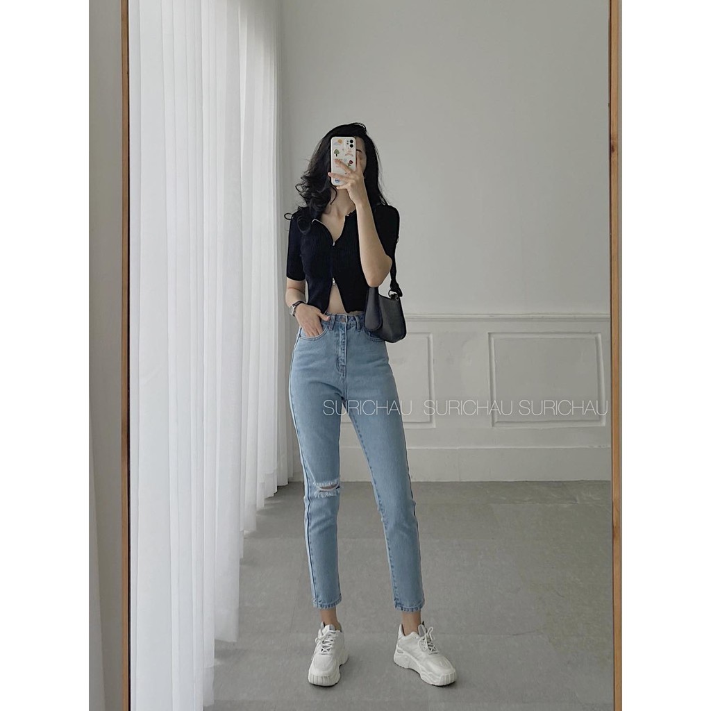 Quần Mom Jeans lai thường rách gối