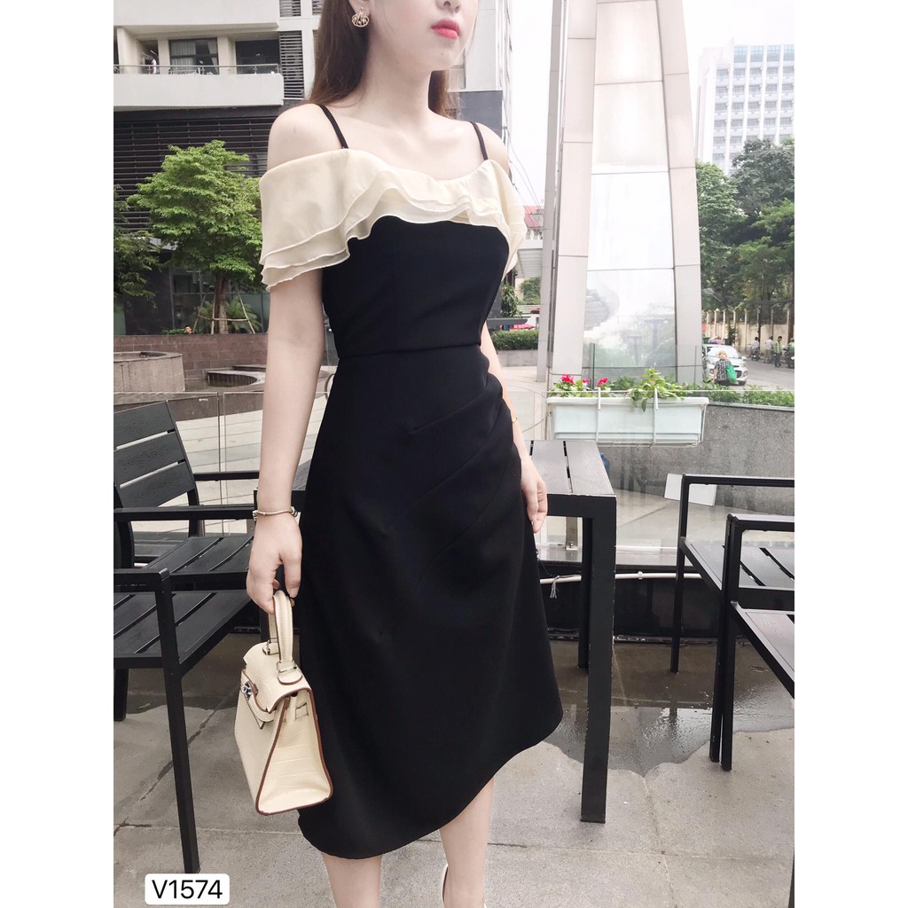 Đầm đen hở vai 2 dây nhúm eo sang chảnh V1574_ Adelashop [Kèm ảnh thật]
