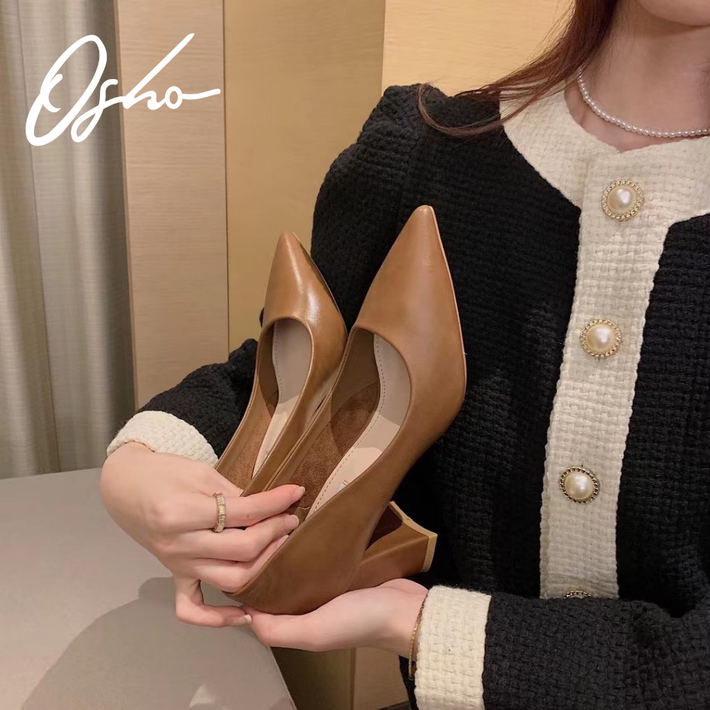 Giày Cao Gót Nữ Thiết Kế OSHO Mũi Nhọn Gót Vuông, Chất PU Mềm, Lót Giày Êm Chân Giảm Lực A666-1