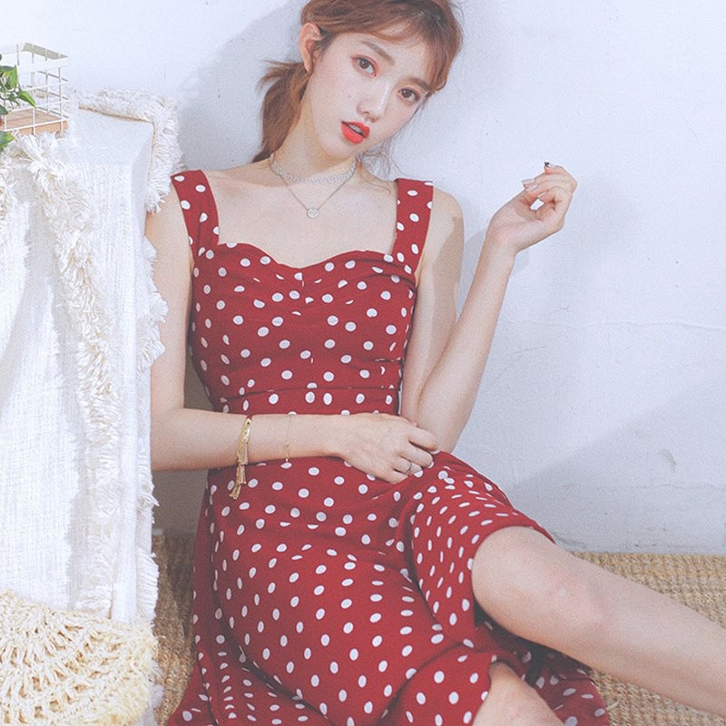 Váy maxi chấm bi hở lưng eo màu vàng - đỏ 0241